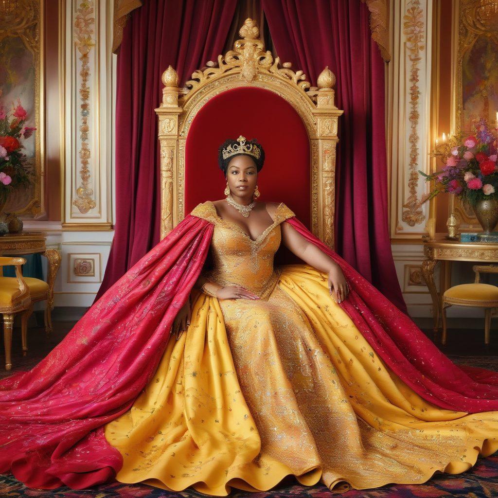 A transformation scene depicting a whimsical sad king in a lavish throne room, surrounded by gold and jewels, morphing into a confident, vibrant woman exuding joy in a colorful, lively environment. She wears chic, trendy outfits celebrating body positivity, with a flowing cape that transitions from regal to playful. Bright colors and whimsical elements like floating hearts and sparkles enhance the mood. super-realistic. vibrant colors. fantasy style.