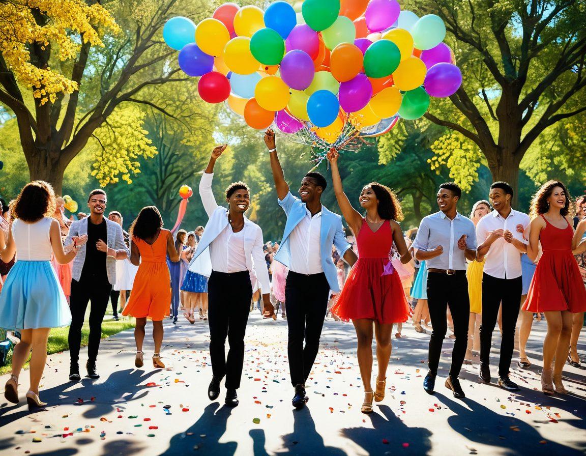 A vibrant and lively scene featuring diverse people dancing joyfully in a sunny park, showcasing various styles of booty-enhancing fashion. Include colorful balloons and playful confetti floating in the air, while bright flowers bloom around them. The mood is uplifting and celebratory, with smiles and laughter emanating from the crowd. super-realistic. vibrant colors. sunny background.